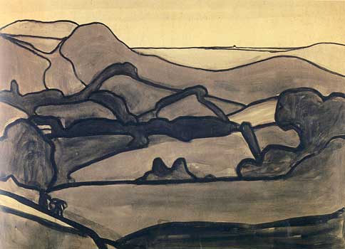 Paysage des Pyrénées, 1909<br />
Crayon et lavis d'encre noire sur carton<br />
47,5 x 34,6 cm<br />
Paris, Fondation Albert Gleizes